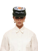 6CRAYON | Flat Crown Baseball Cap - Embroidered Rabbit Fur & Patchwork in Military Green