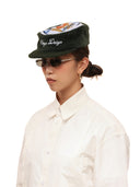 6CRAYON | Flat Crown Baseball Cap - Embroidered Rabbit Fur & Patchwork in Military Green